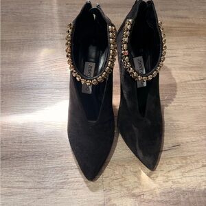Jimmy Choo Black Suede Pointed Toe Ankle Boots with Gold Crystal Collar
